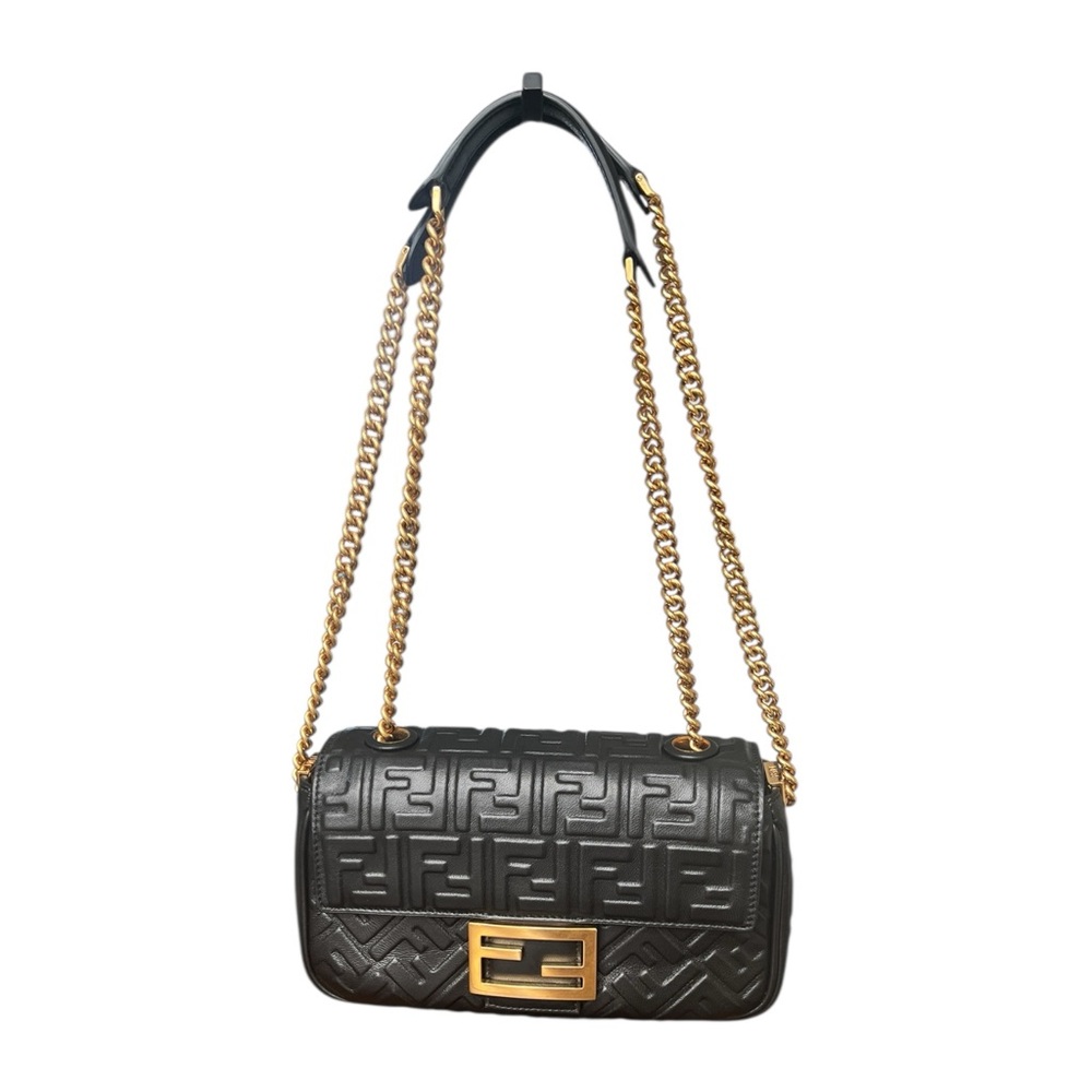 Fendi Medium Baguette Black Leather FF Logo Shoulder Bag